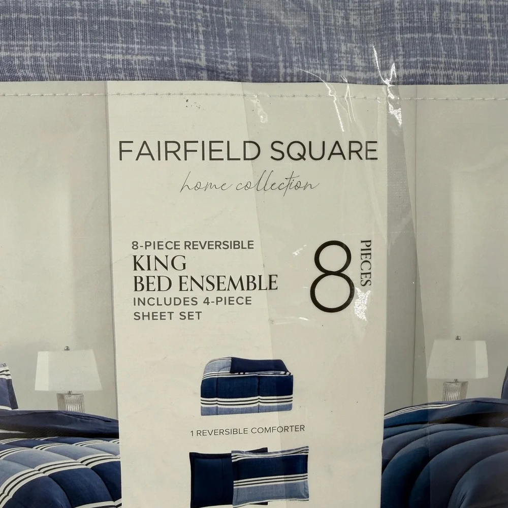 Fairfield Square King 8 Piece Reversible Bed Ensemble Blue Stripe Comforter Set